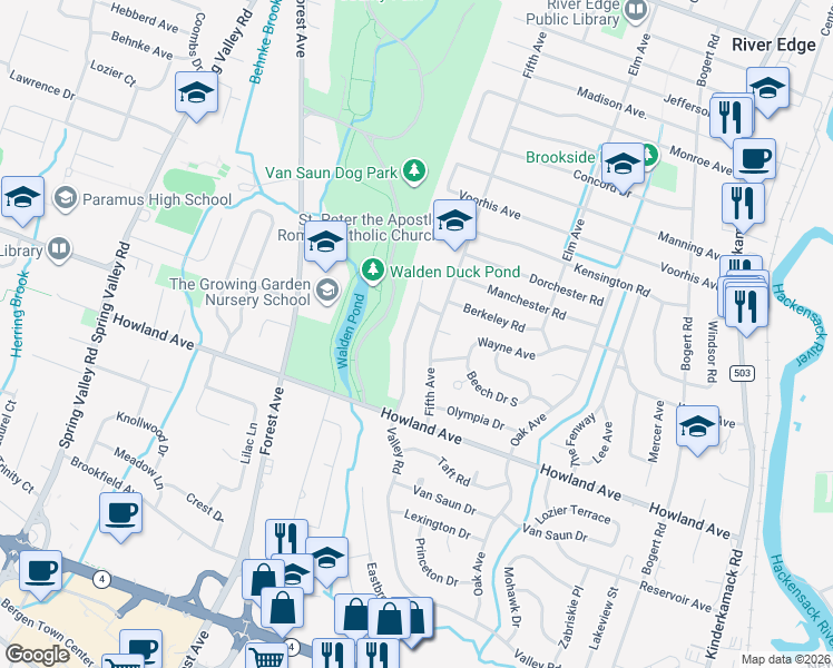 map of restaurants, bars, coffee shops, grocery stores, and more near 373 Valley Road in River Edge