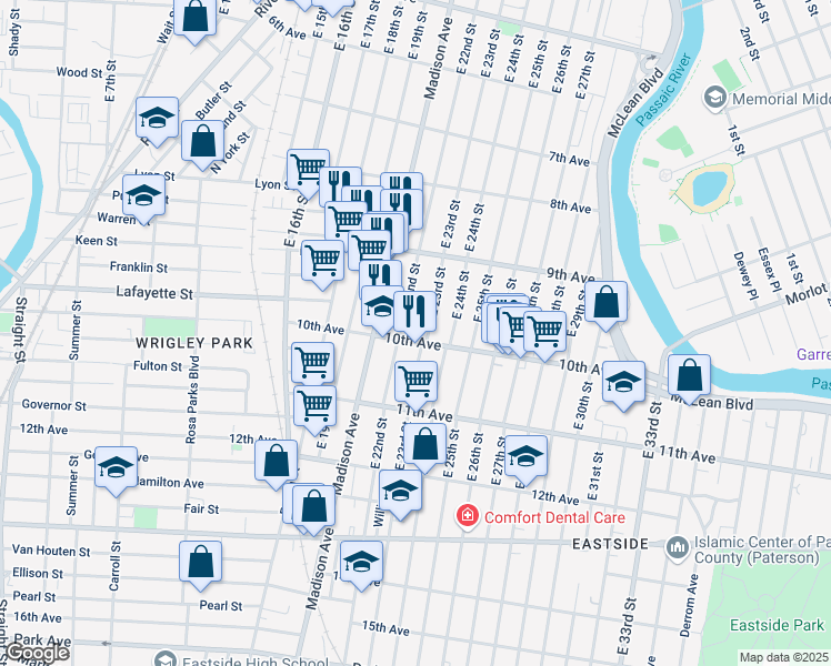 map of restaurants, bars, coffee shops, grocery stores, and more near 351 Passaic County 651 I in Paterson