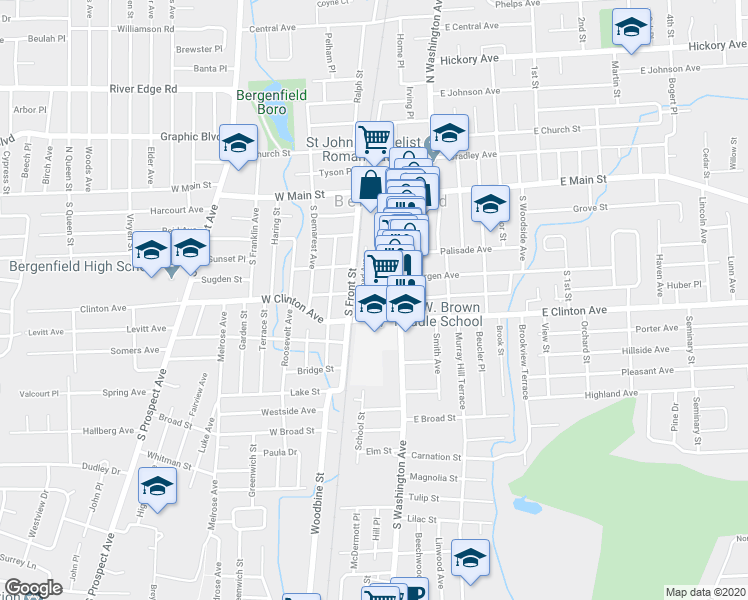 map of restaurants, bars, coffee shops, grocery stores, and more near 100 Portland Avenue in Bergenfield