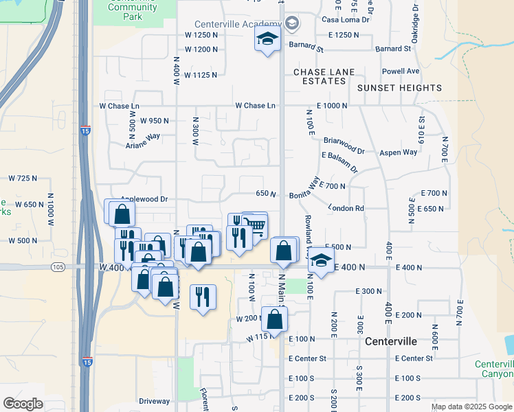map of restaurants, bars, coffee shops, grocery stores, and more near 90 West 625 North in Centerville