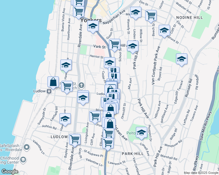 map of restaurants, bars, coffee shops, grocery stores, and more near 10 Highland Avenue in Yonkers