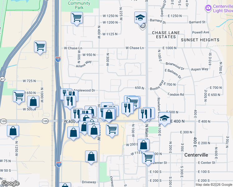 map of restaurants, bars, coffee shops, grocery stores, and more near 281 650 North in Centerville