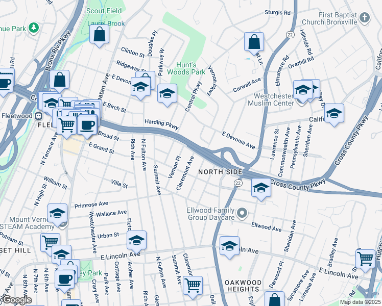 map of restaurants, bars, coffee shops, grocery stores, and more near 374 Claremont Avenue in Mount Vernon