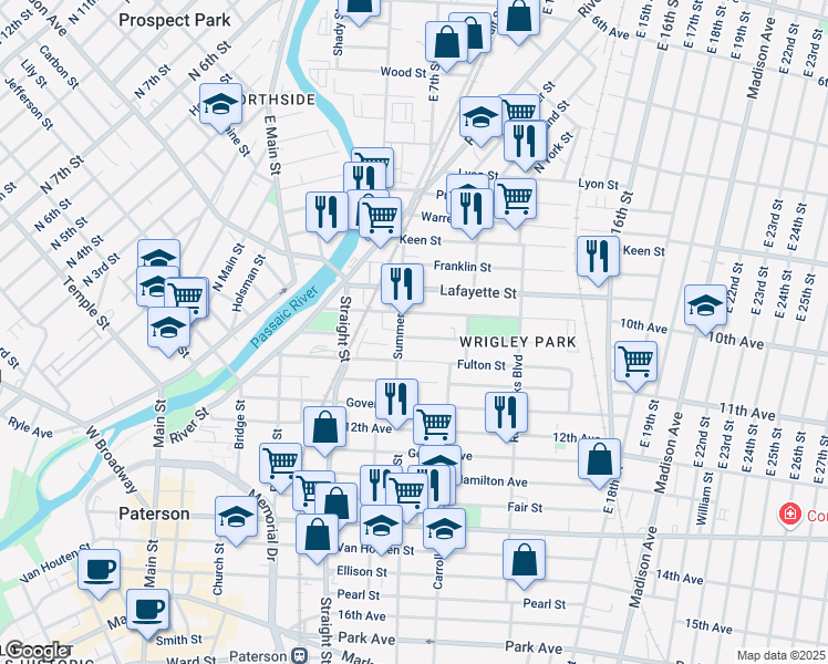 map of restaurants, bars, coffee shops, grocery stores, and more near 111 Lawrence Street in Paterson