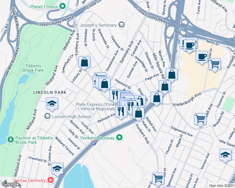 map of restaurants, bars, coffee shops, grocery stores, and more near 48 Cowles Avenue in Yonkers