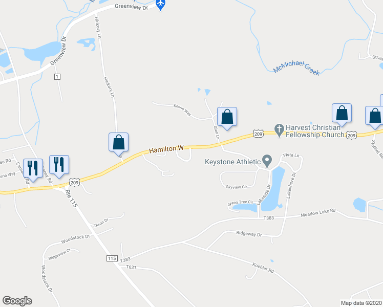 map of restaurants, bars, coffee shops, grocery stores, and more near 322 Adams Drive in Effort