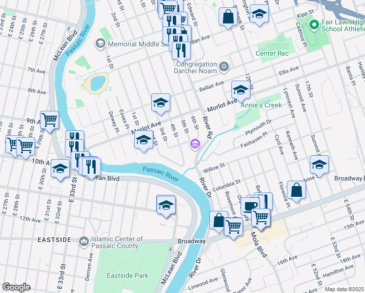 map of restaurants, bars, coffee shops, grocery stores, and more near 4-02 Alyson Street in Fair Lawn