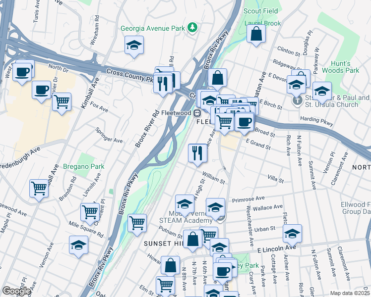 map of restaurants, bars, coffee shops, grocery stores, and more near 642 Locust Street in Mount Vernon
