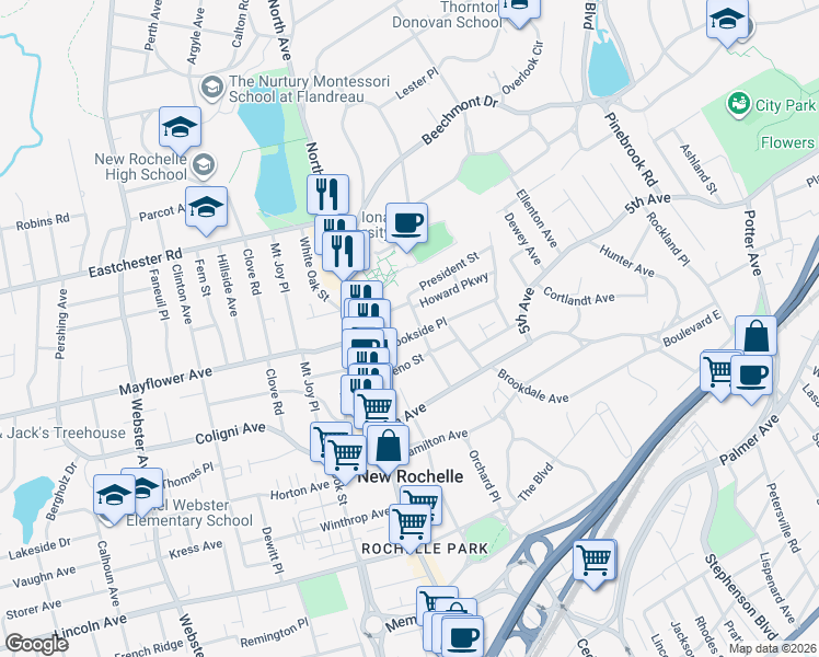 map of restaurants, bars, coffee shops, grocery stores, and more near 30 Brookside Place in New Rochelle