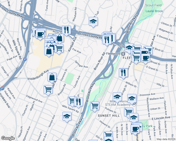 map of restaurants, bars, coffee shops, grocery stores, and more near 66 Springer Avenue in Yonkers
