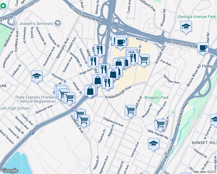 map of restaurants, bars, coffee shops, grocery stores, and more near 18 Mildred Street in Yonkers