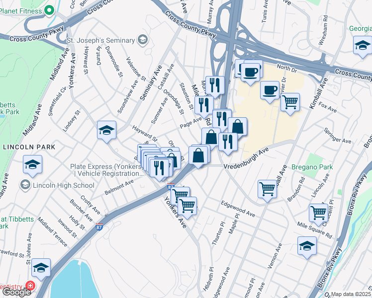 map of restaurants, bars, coffee shops, grocery stores, and more near 26 Westerly Street in Yonkers