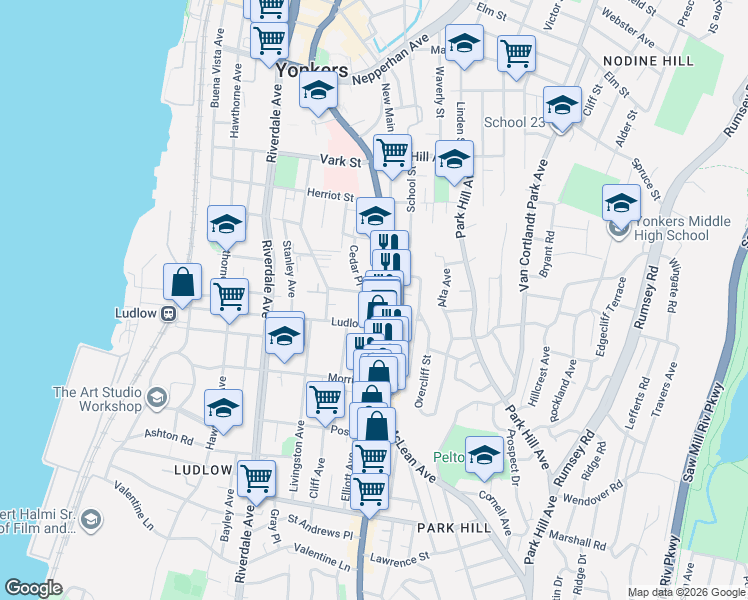 map of restaurants, bars, coffee shops, grocery stores, and more near 10 Highland Avenue in Yonkers