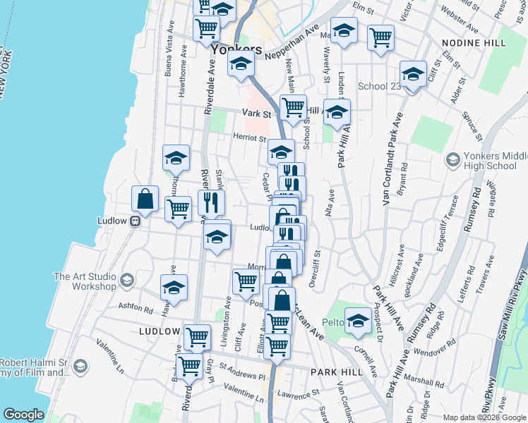 map of restaurants, bars, coffee shops, grocery stores, and more near 34 Highland Avenue in Yonkers