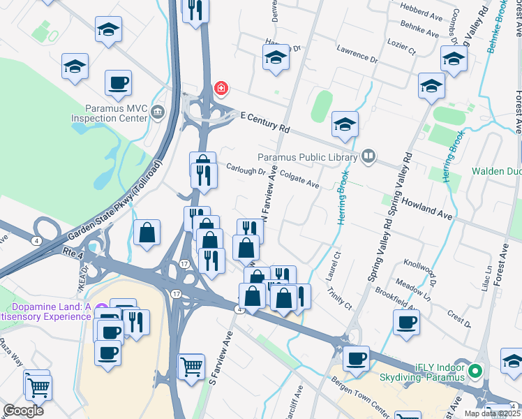 map of restaurants, bars, coffee shops, grocery stores, and more near 67 North Farview Avenue in Paramus