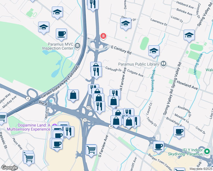 map of restaurants, bars, coffee shops, grocery stores, and more near 19 East Drive in Paramus