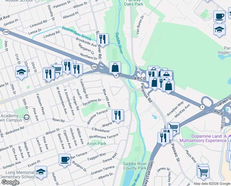 map of restaurants, bars, coffee shops, grocery stores, and more near 10 Wyckoff Terrace in Fair Lawn