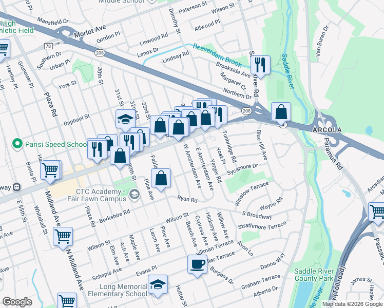 map of restaurants, bars, coffee shops, grocery stores, and more near 90 East Amsterdam Avenue in Fair Lawn