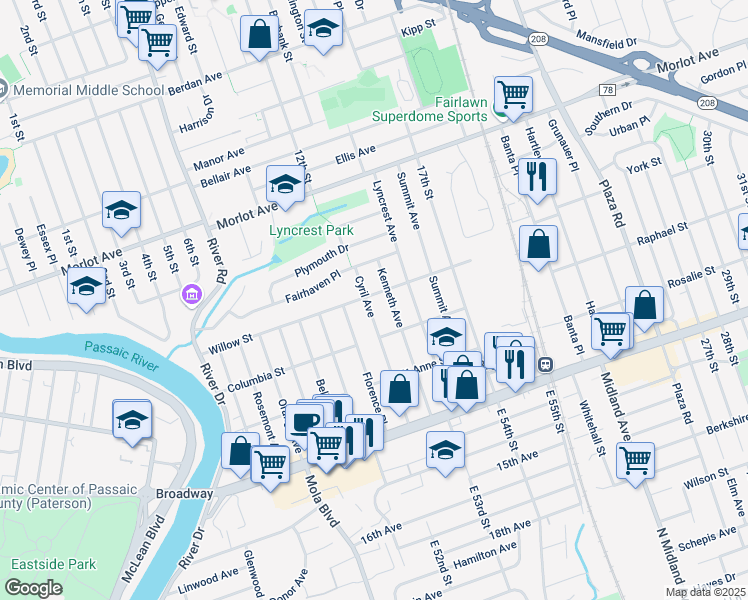 map of restaurants, bars, coffee shops, grocery stores, and more near 3-33 Cyril Avenue in Fair Lawn