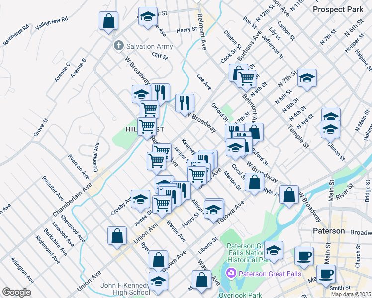 map of restaurants, bars, coffee shops, grocery stores, and more near 229 Kearney Street in Paterson