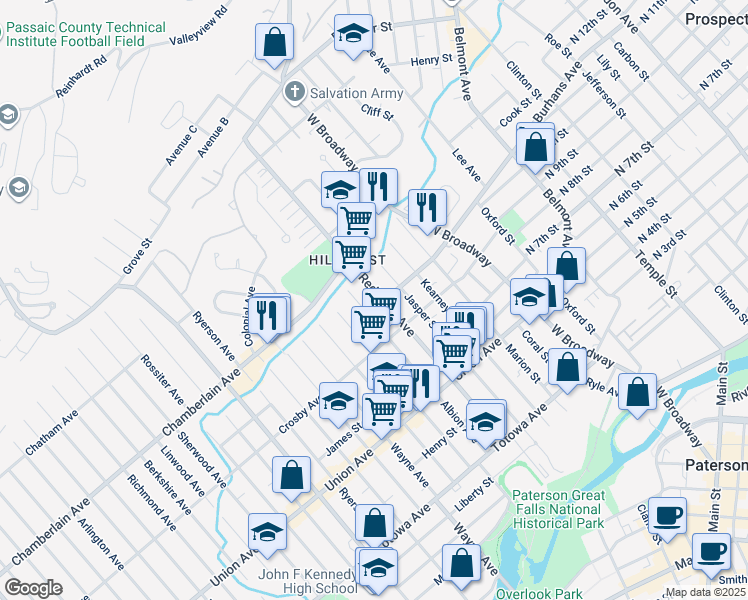 map of restaurants, bars, coffee shops, grocery stores, and more near 6 Doremus Street in Paterson