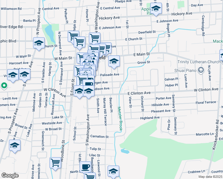 map of restaurants, bars, coffee shops, grocery stores, and more near 74 Madison Avenue in Bergenfield