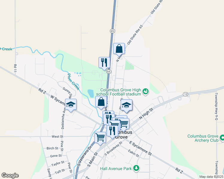map of restaurants, bars, coffee shops, grocery stores, and more near 303 North Main Street in Columbus Grove