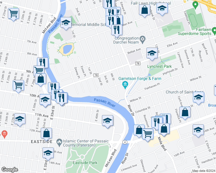 map of restaurants, bars, coffee shops, grocery stores, and more near 504 3rd Street in Fair Lawn