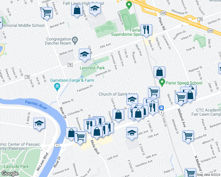 map of restaurants, bars, coffee shops, grocery stores, and more near 3-33 Cyril Avenue in Fair Lawn