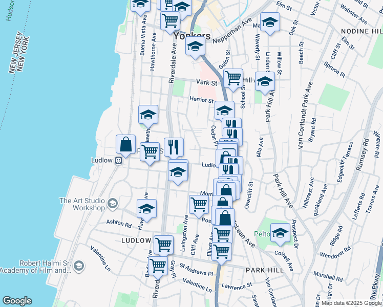 map of restaurants, bars, coffee shops, grocery stores, and more near 7 Highland Place in Yonkers