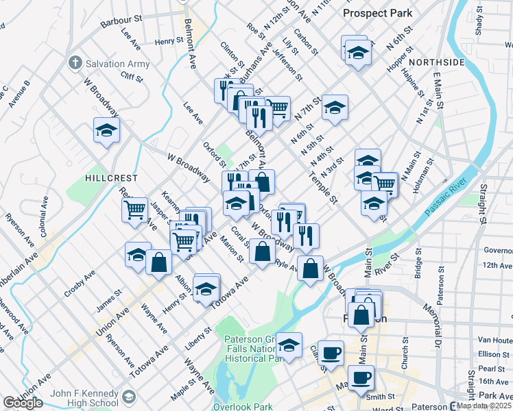 map of restaurants, bars, coffee shops, grocery stores, and more near 54 Oxford Street in Paterson