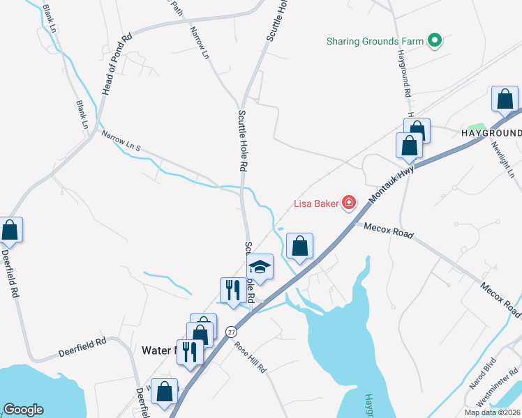 map of restaurants, bars, coffee shops, grocery stores, and more near 169 Scuttle Hole Road in Water Mill