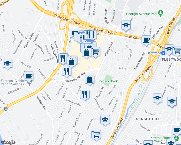 map of restaurants, bars, coffee shops, grocery stores, and more near 120 Vredenburgh Avenue in Yonkers