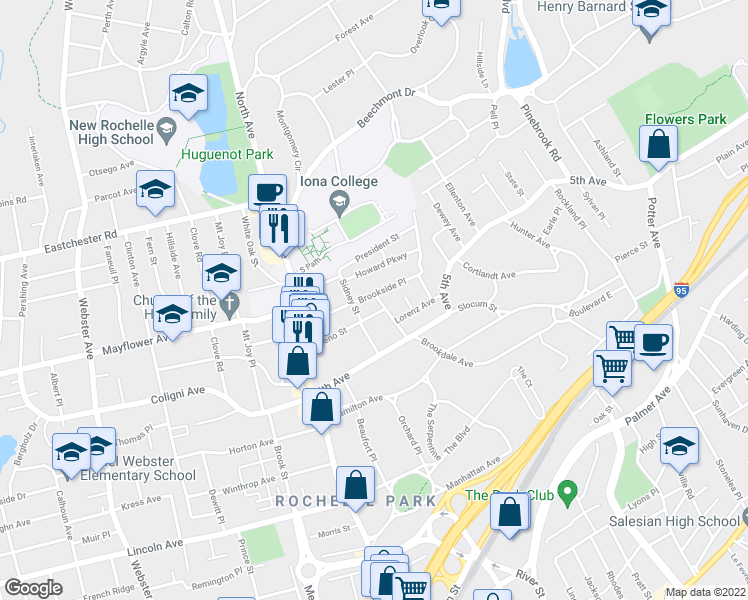 map of restaurants, bars, coffee shops, grocery stores, and more near 57 Brookside Place in New Rochelle