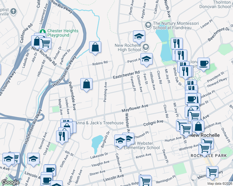 map of restaurants, bars, coffee shops, grocery stores, and more near 56 Irving Place in New Rochelle