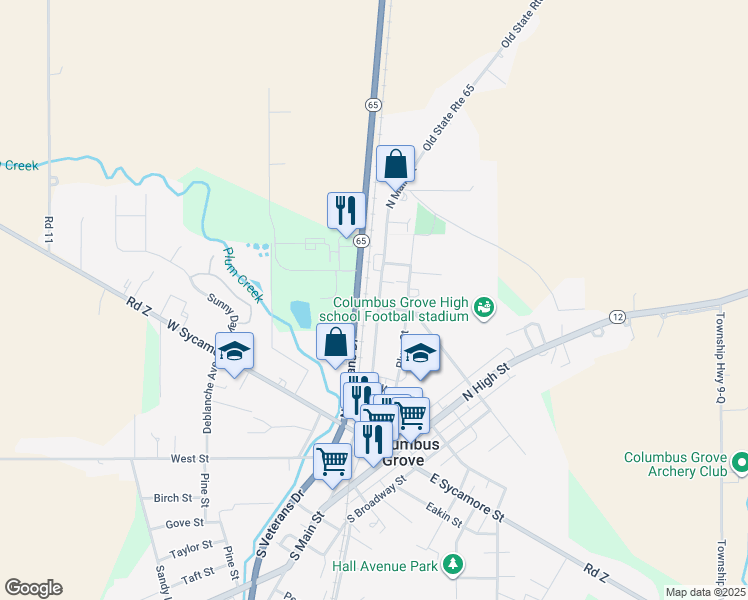 map of restaurants, bars, coffee shops, grocery stores, and more near 303 North Main Street in Columbus Grove
