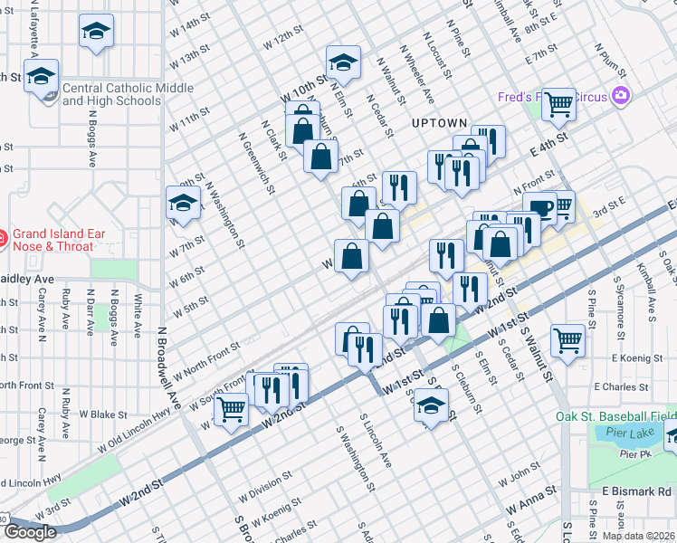 map of restaurants, bars, coffee shops, grocery stores, and more near 378 North Clark Street in Grand Island