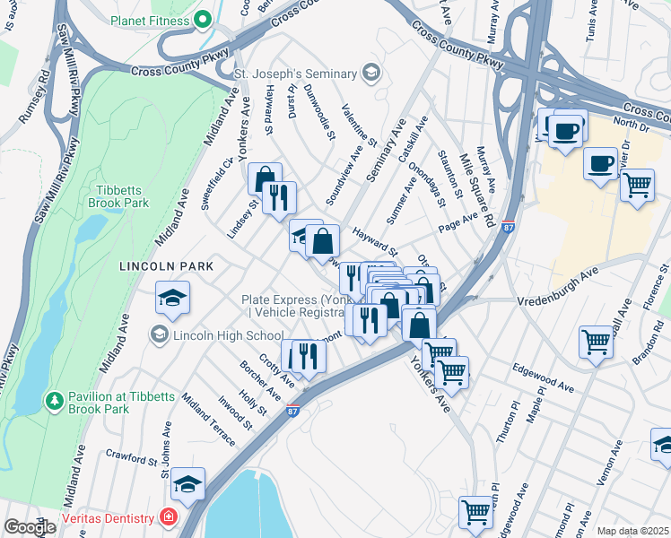 map of restaurants, bars, coffee shops, grocery stores, and more near 29 Cowles Avenue in Yonkers