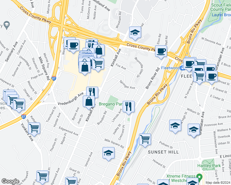 map of restaurants, bars, coffee shops, grocery stores, and more near 103 Brandon Road in Yonkers