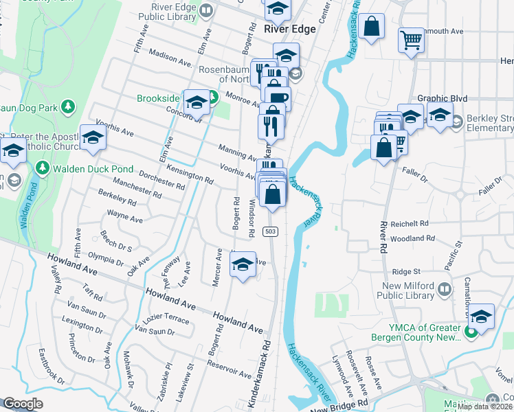map of restaurants, bars, coffee shops, grocery stores, and more near 373 Windsor Road in River Edge