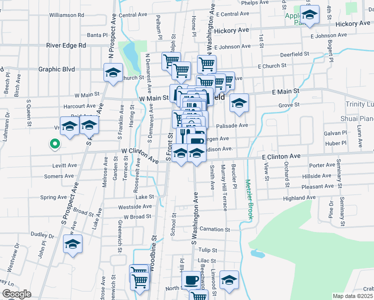 map of restaurants, bars, coffee shops, grocery stores, and more near 100 Portland Avenue in Bergenfield