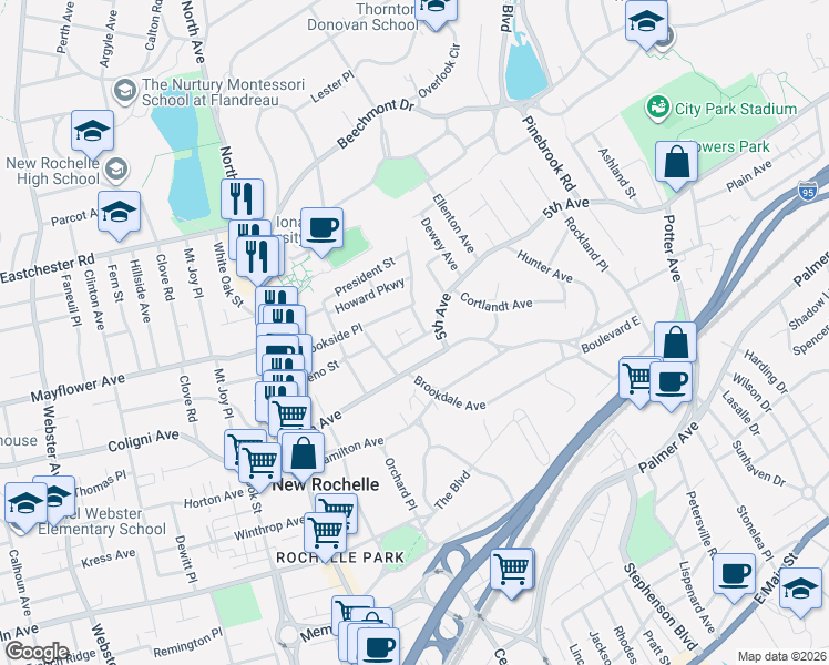 map of restaurants, bars, coffee shops, grocery stores, and more near 14 Bellview Place in New Rochelle