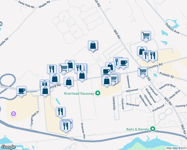 map of restaurants, bars, coffee shops, grocery stores, and more near 1800a Old Country Road in Riverhead