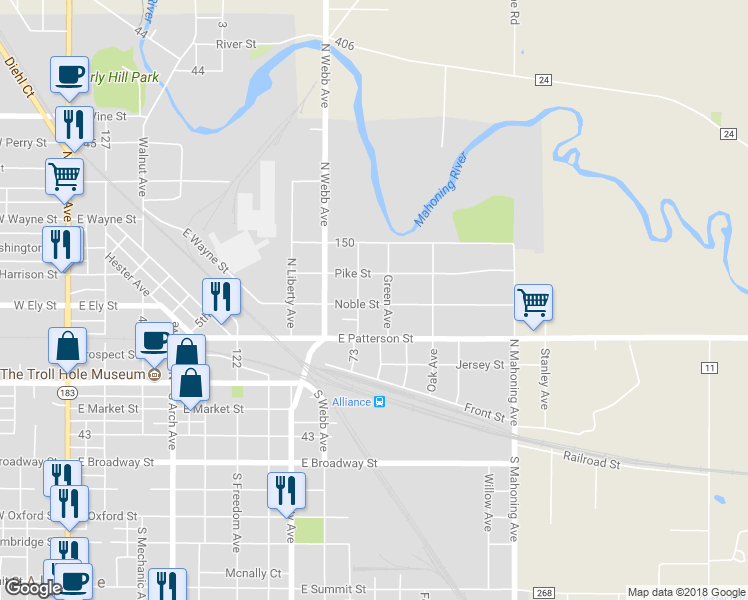 map of restaurants, bars, coffee shops, grocery stores, and more near 936 Noble Street in Alliance