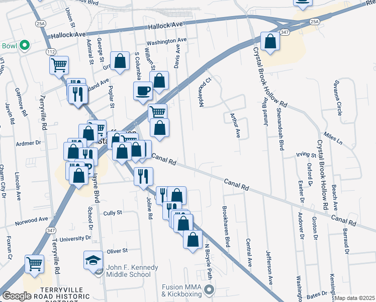 map of restaurants, bars, coffee shops, grocery stores, and more near 139 Davis Avenue in Port Jefferson Station