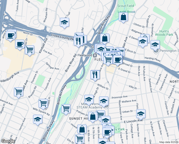 map of restaurants, bars, coffee shops, grocery stores, and more near 629 North MacQuesten Parkway in Mount Vernon