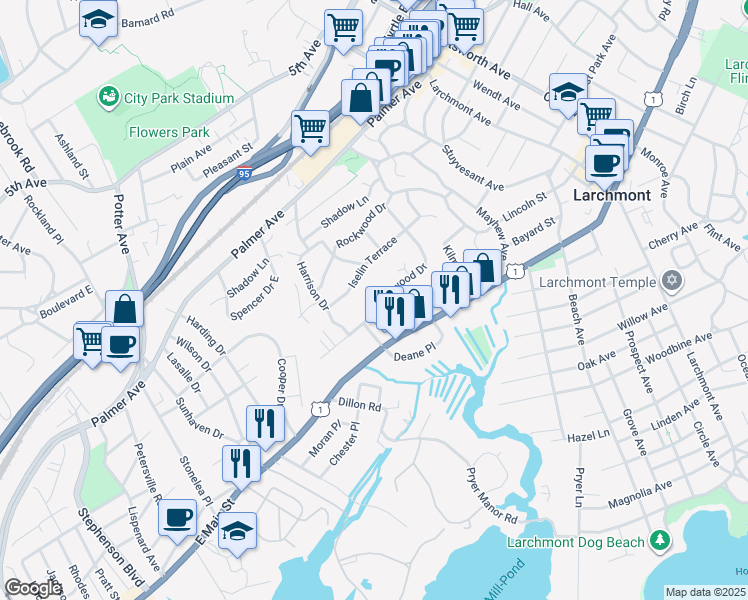 map of restaurants, bars, coffee shops, grocery stores, and more near 60 Iselin Terrace in Larchmont
