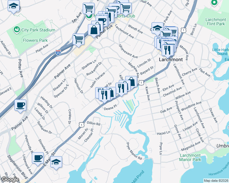 map of restaurants, bars, coffee shops, grocery stores, and more near 35 Pine Ridge Rd in Larchmont