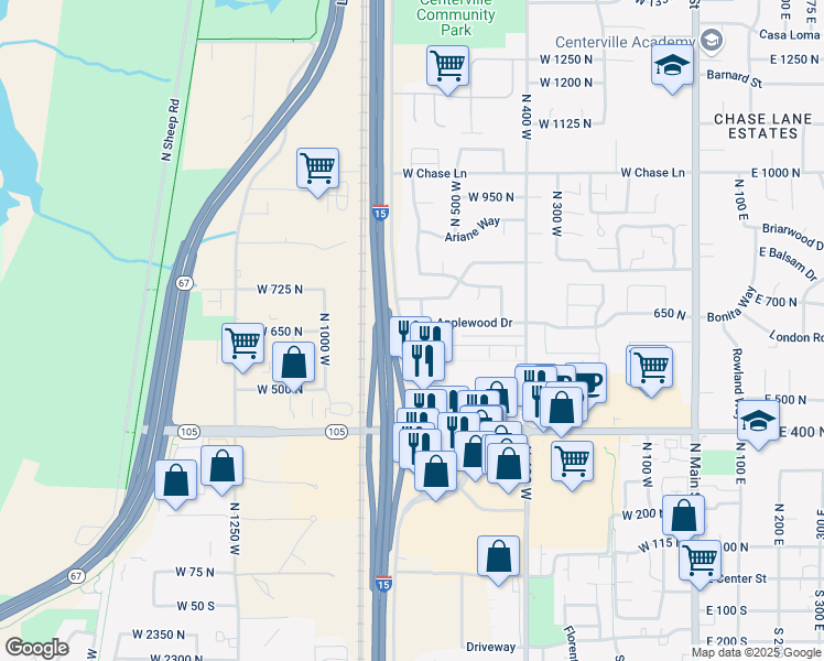 map of restaurants, bars, coffee shops, grocery stores, and more near 638 North Frontage Road in Centerville