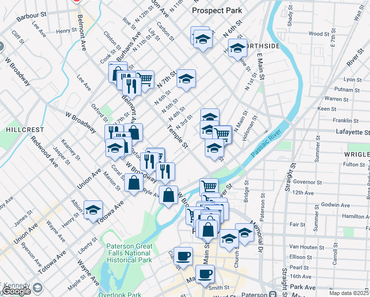 map of restaurants, bars, coffee shops, grocery stores, and more near 127 Temple Street in Paterson